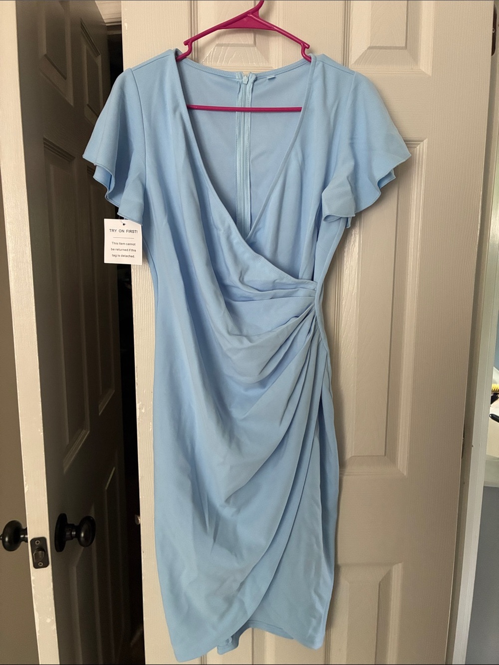 Amazon Light Blue Flutter Sleeve Ruched Wrap Midi Dress